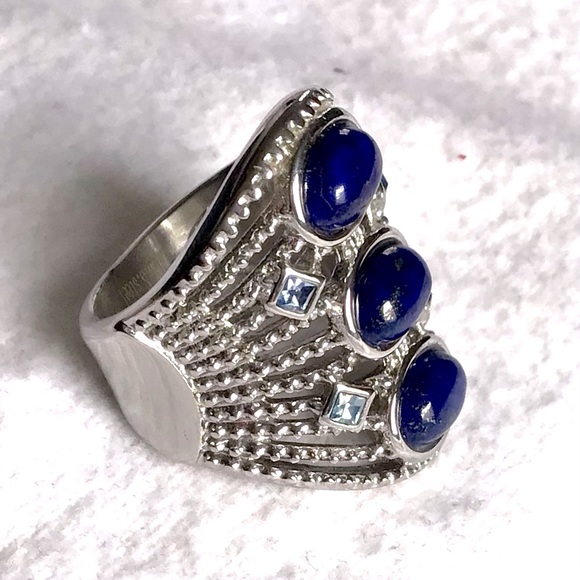 Jewelry - Lapis Lazuli 3 Stone Ring With Blue Austrian Crystal in Stainless Steel